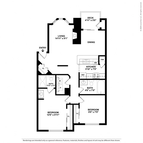 Floor plan for 2 beds, 2 baths, 943 sqft